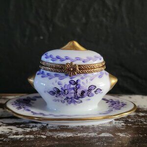 Vtg Limoges France Peint Main Porcelain Tureen Shape Limoges Box Purple Floral